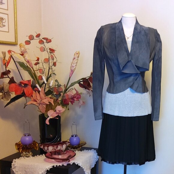 NWT Sandwich Light Gray Genuine Suede Leather Blazer Women Jacket Size S 6 8 - Picture 2 of 9